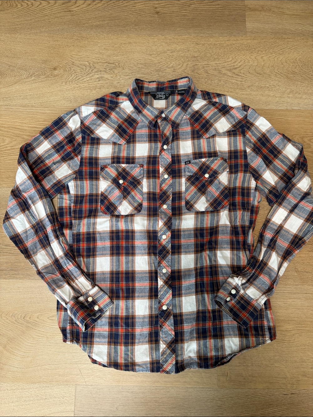 Salt Valley Western Plaid Button-Down Shirt - Navy, White & Orange